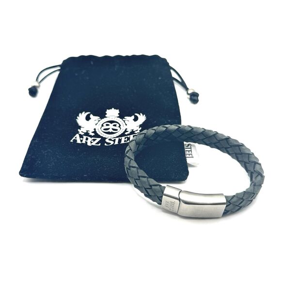 ARZ Steel Grey Leather and Stainless Steel Braided Bracelet - Picture 1 of 5